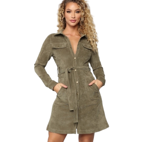 Fashion Nova Dresses & Skirts - Fashion Nova Olive Green Corduroy Belted Snap Dress Sz M